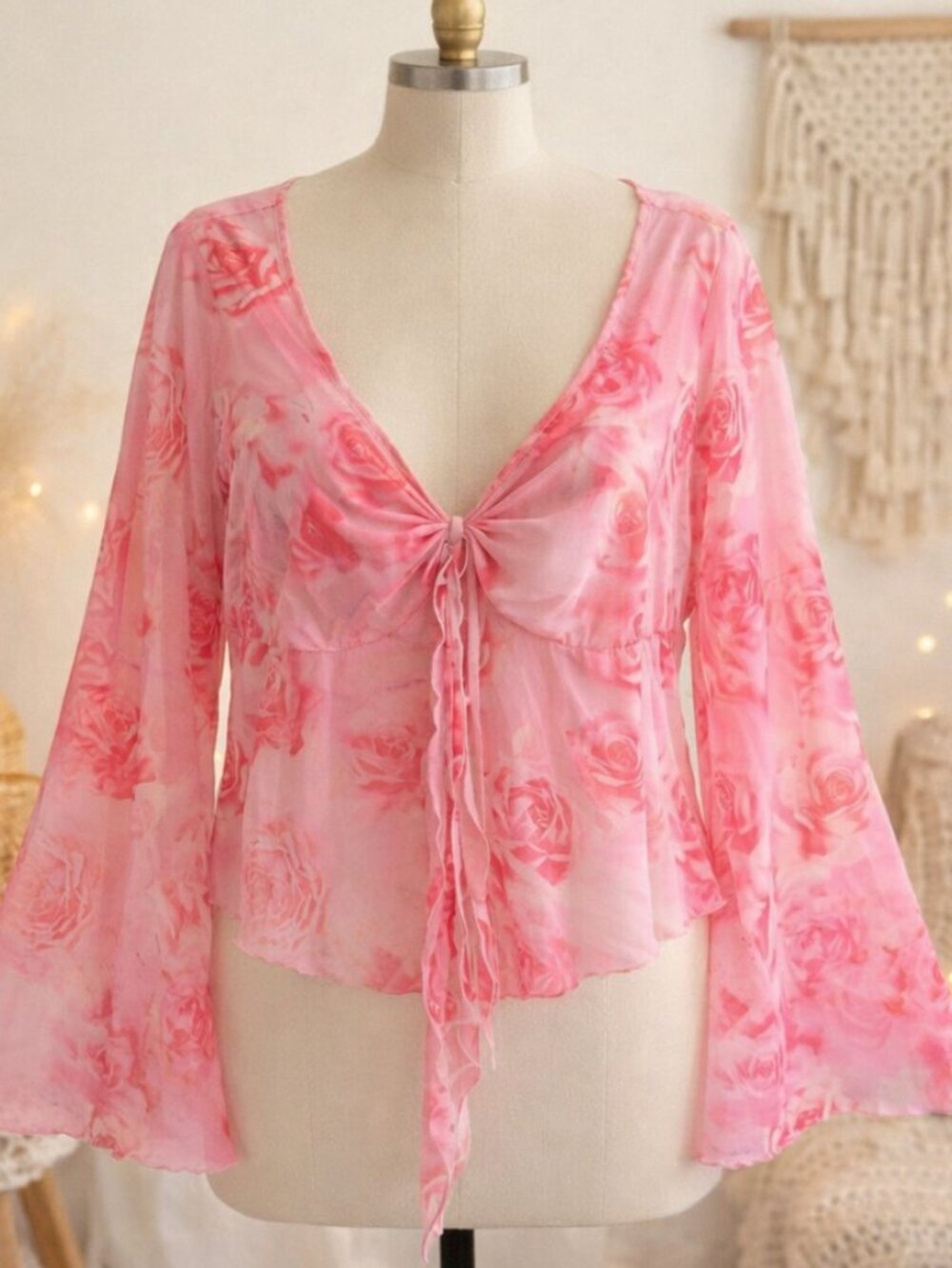 Shein Curve Pink Sheer Mesh Rose Floral Cropped Top XL Coquette Fairycore Date